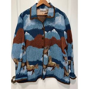 Sara Studio Woman Tapestry Jacket 3X Blue Horse Mountain Western Woven Cotton
